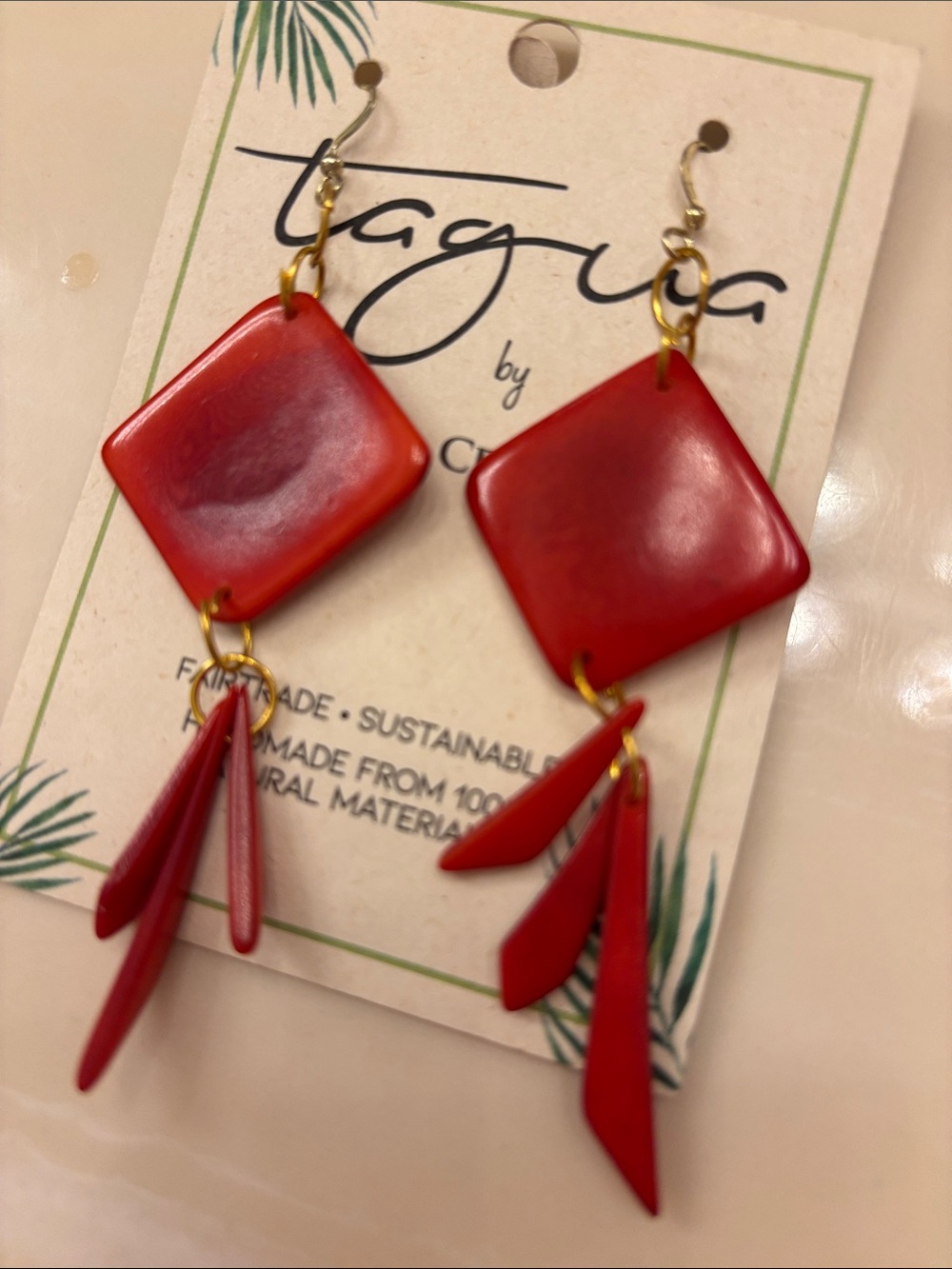 Tag Red Diamond-Shaped Dangle Earrings with Tassel Drops